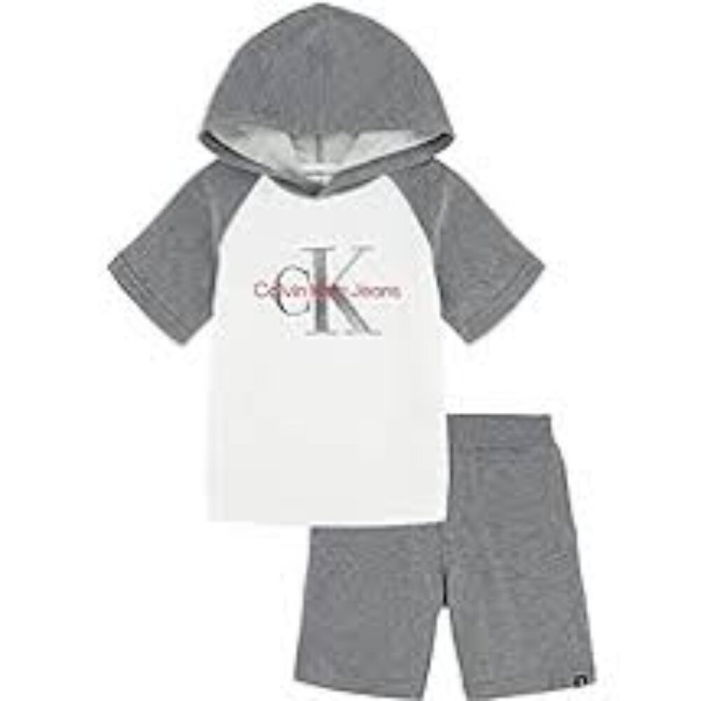 Calvin Klein Two-Piece Hooded Short Set Gray and White 12 Months NWT